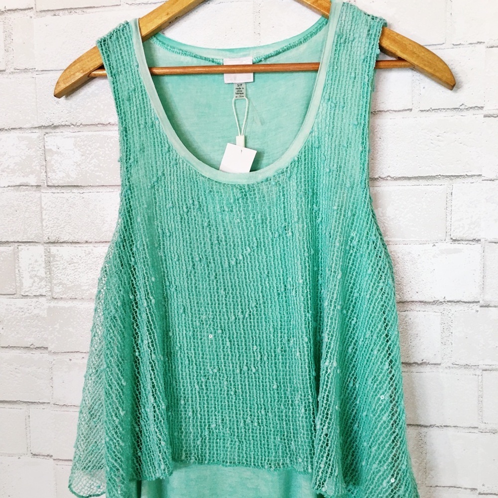 Cupio Aquamarine Blue Green Tropical Layered Sequin Blouse Tunic - Picture 7 of 8
